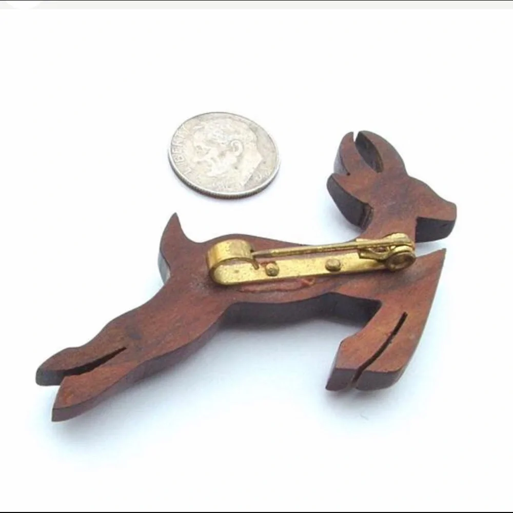 Antique Pin Rustic Hand Carved Wood Deer Brooch